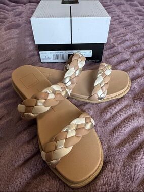 Dolce Vita Beige and Metallic Braided Double-Strap Slide Sandals